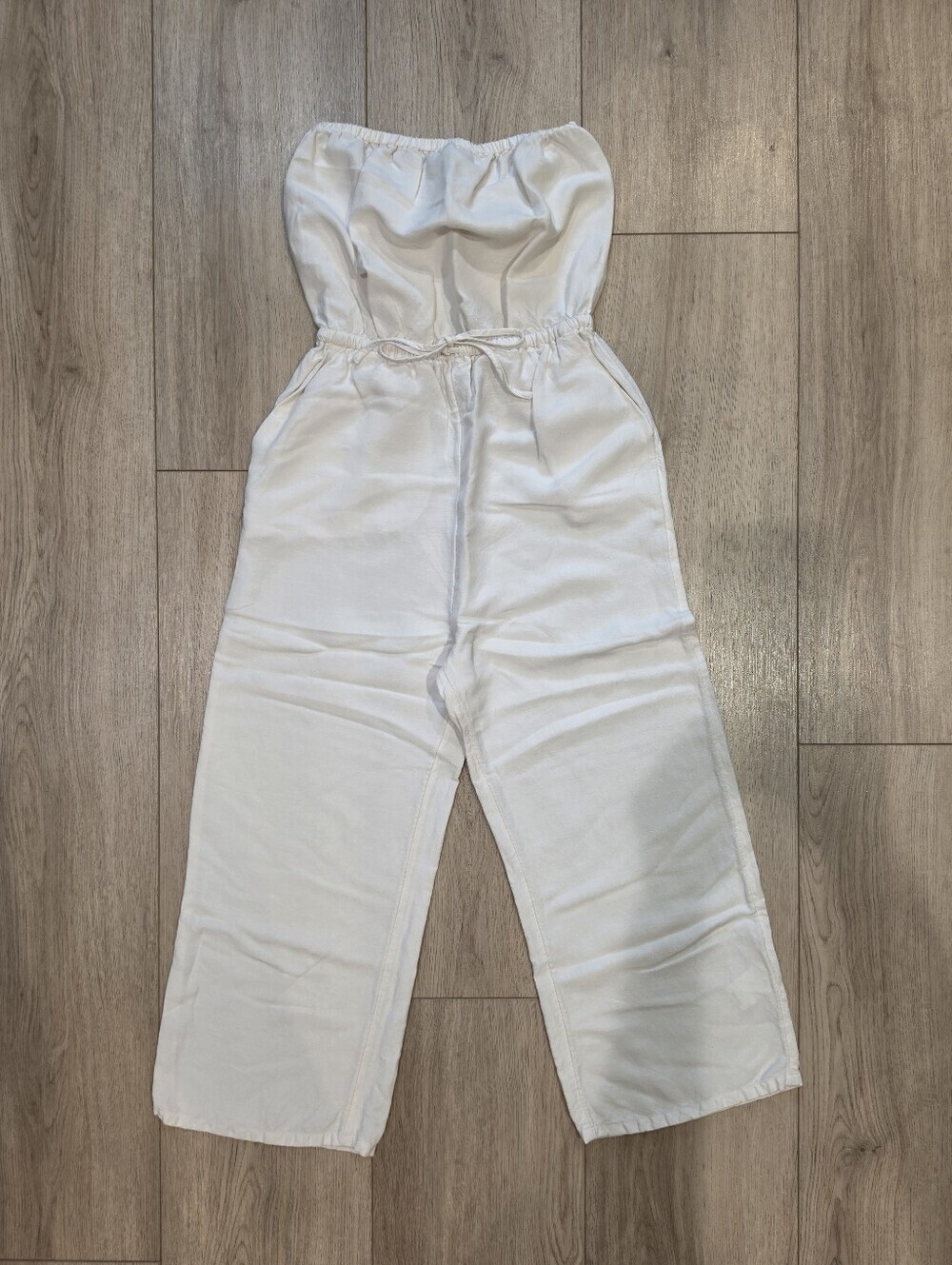 Express Strapless Wide Leg Cropped Chic Jumpsuit Cream XS